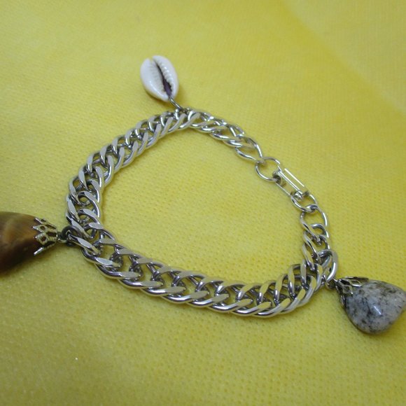 Vintage CHARM BRACELET Silver-Tone Flat Chain Link Charm Bracelet Tiger Eye Gem - Picture 7 of 10